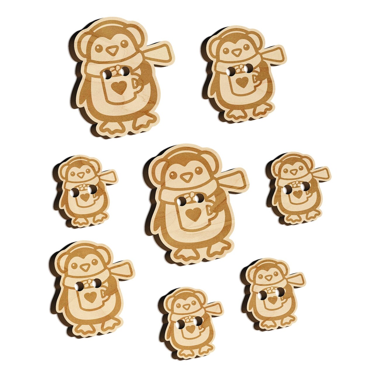 Winter Penguin with Hot Chocolate Heart Mug Wood Buttons for Sewing Knitting Crochet DIY Craft